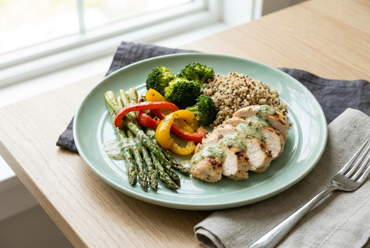 Bord met gegrilde kip, groenten en volkoren granen