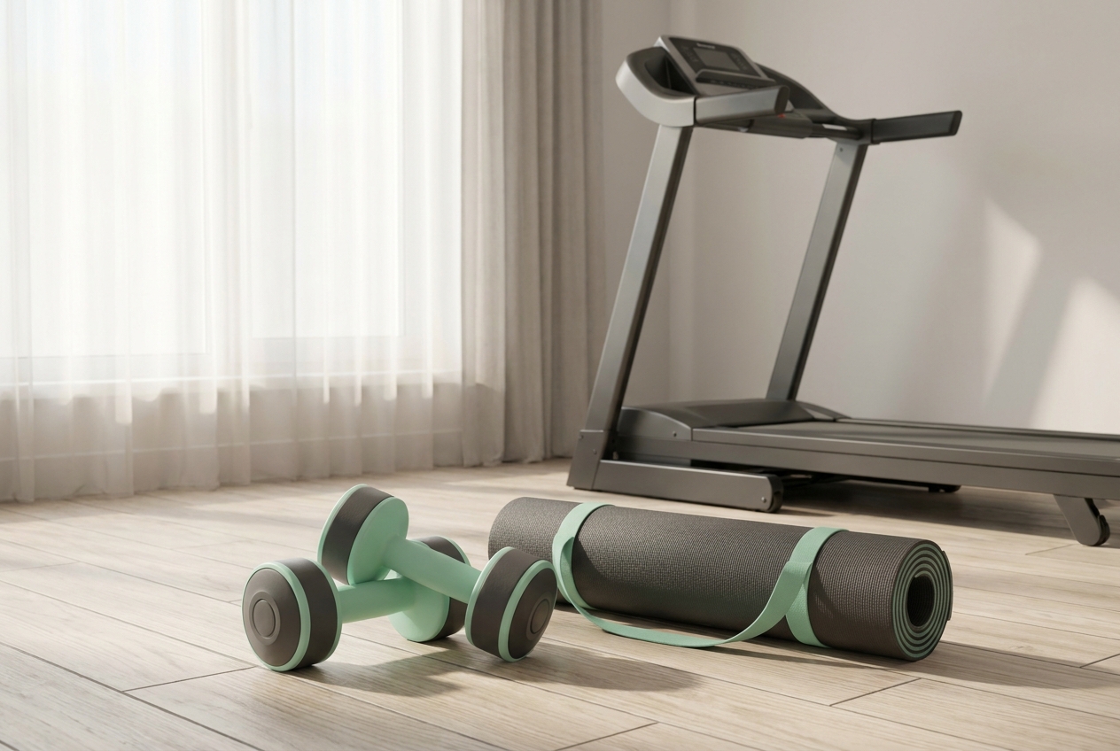 Halters en een yogamat op een lichte sportschoolvloer