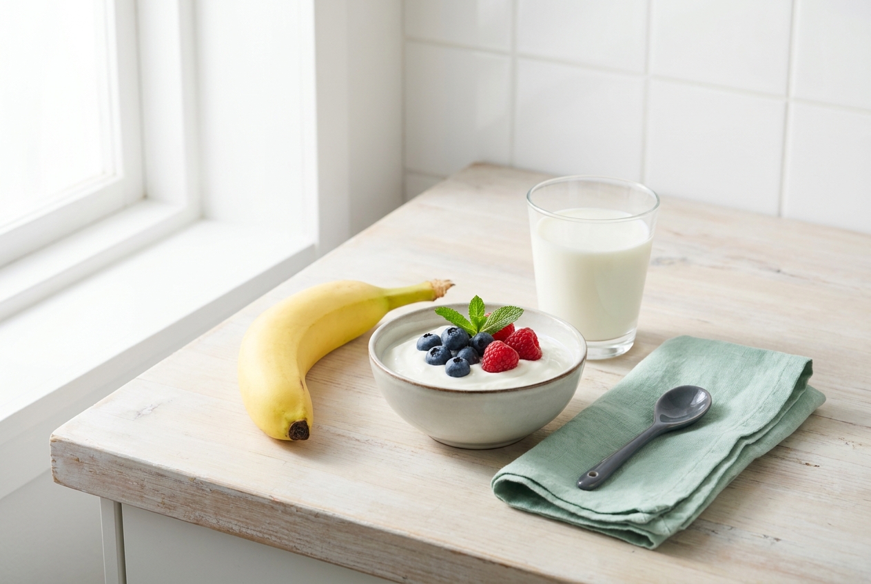 Banaan en skyr met bessen naast een glas melk
