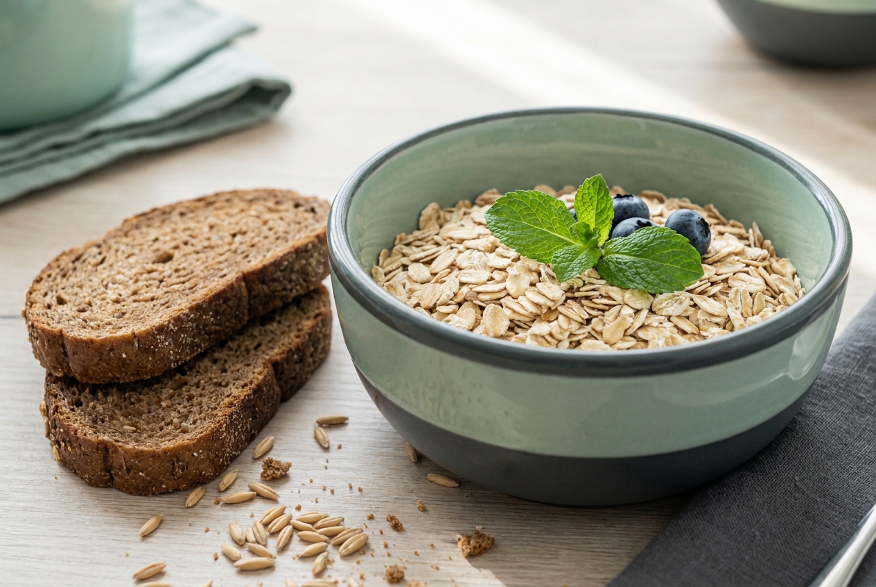 Volkoren brood en havermout in een kom
