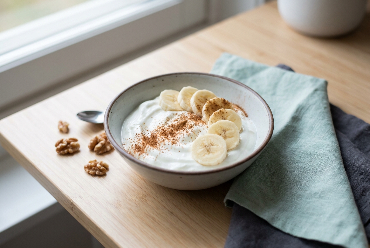 Kommetje Griekse yoghurt met schijfjes banaan en kaneel