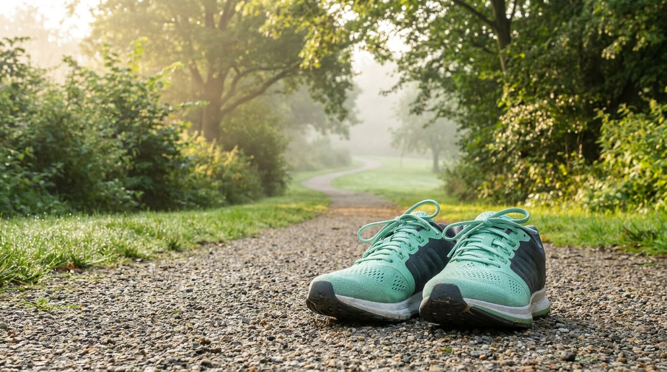 Hardloopschoenen op een pad in de ochtend voor een beginnende hardloper