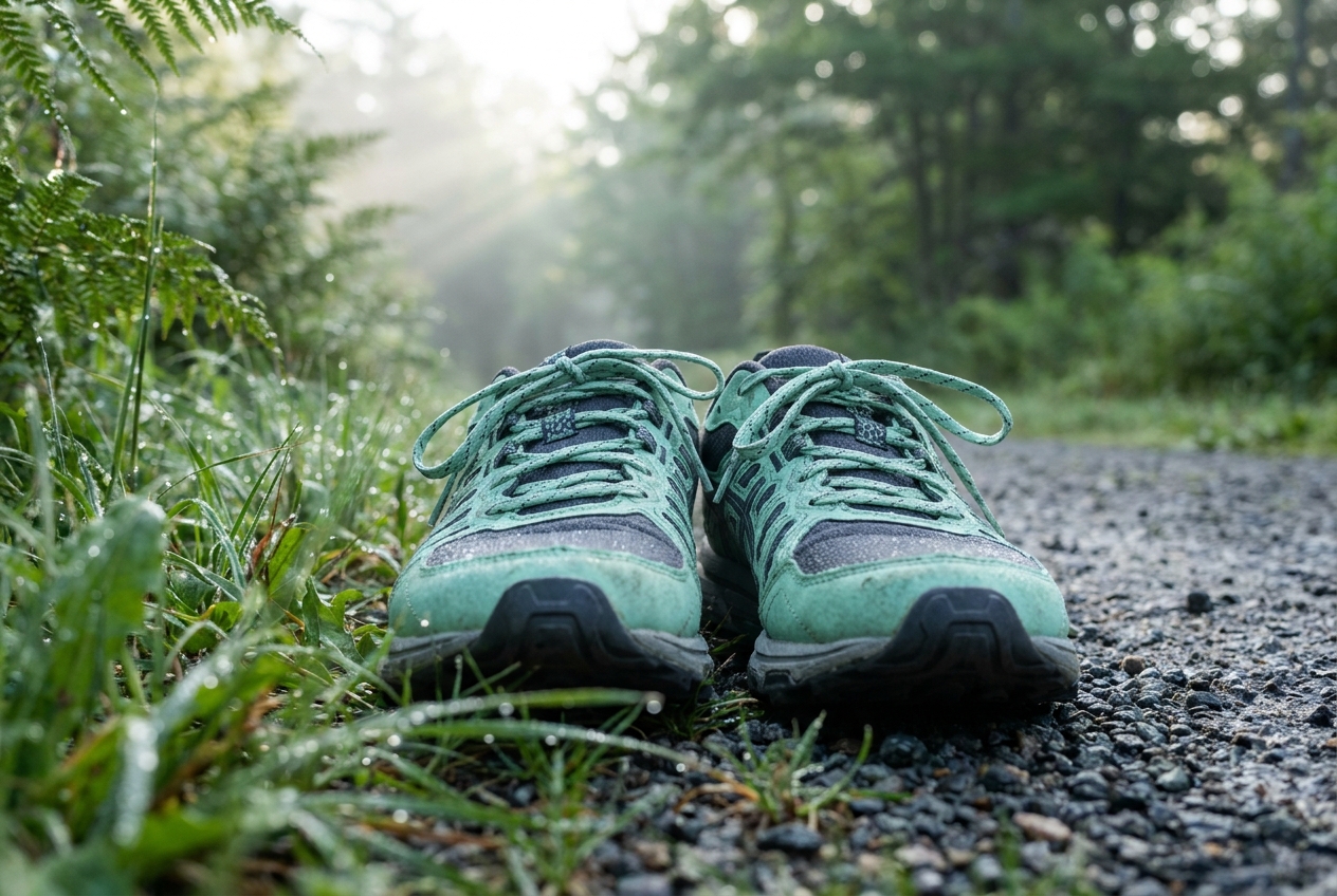 Hardloopschoenen op een ochtendpad, klaar om te beginnen met hardlopen
