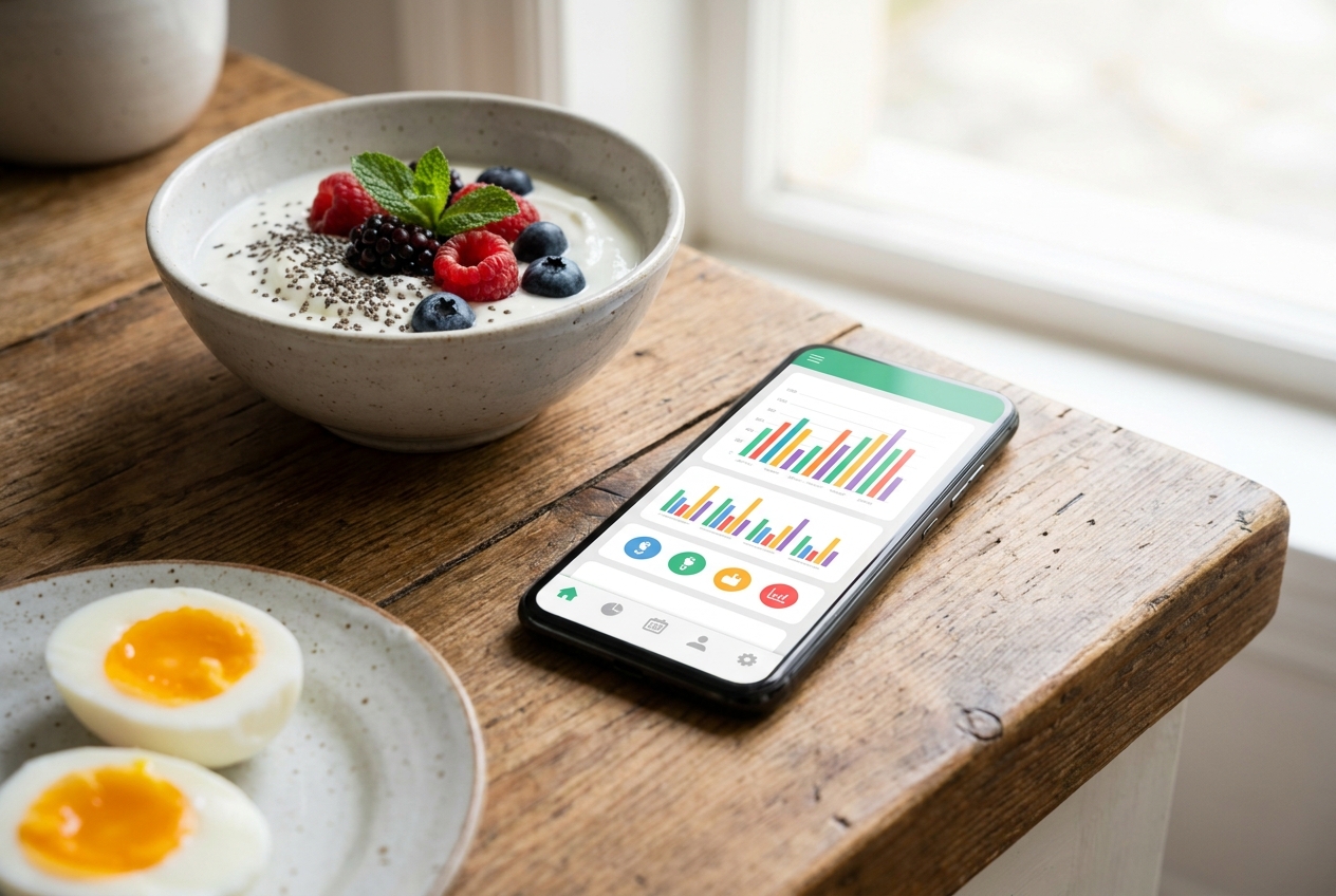 Calorie-app naast een gezond ontbijt
