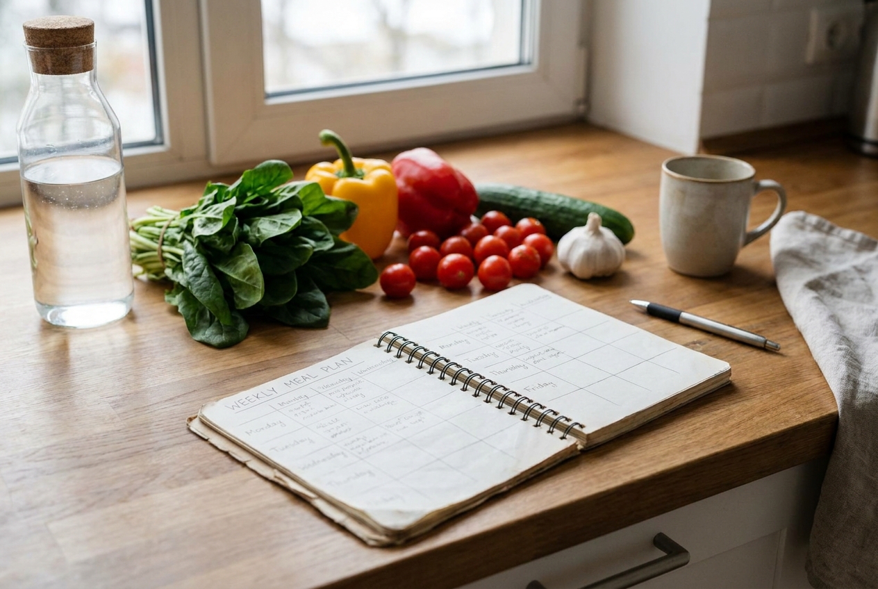 Weekmenu-notitieboek met verse groenten