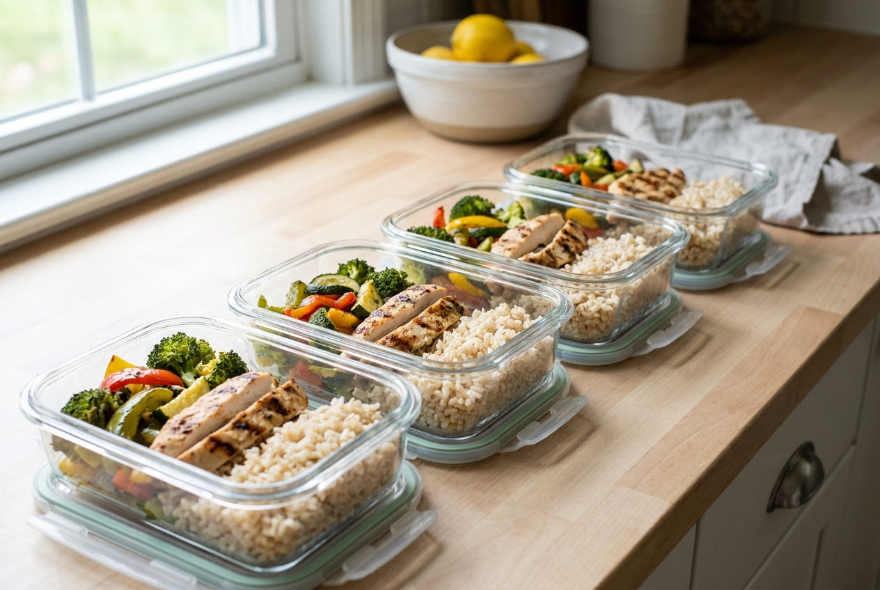 Meal prep bakjes met kip, rijst en groente