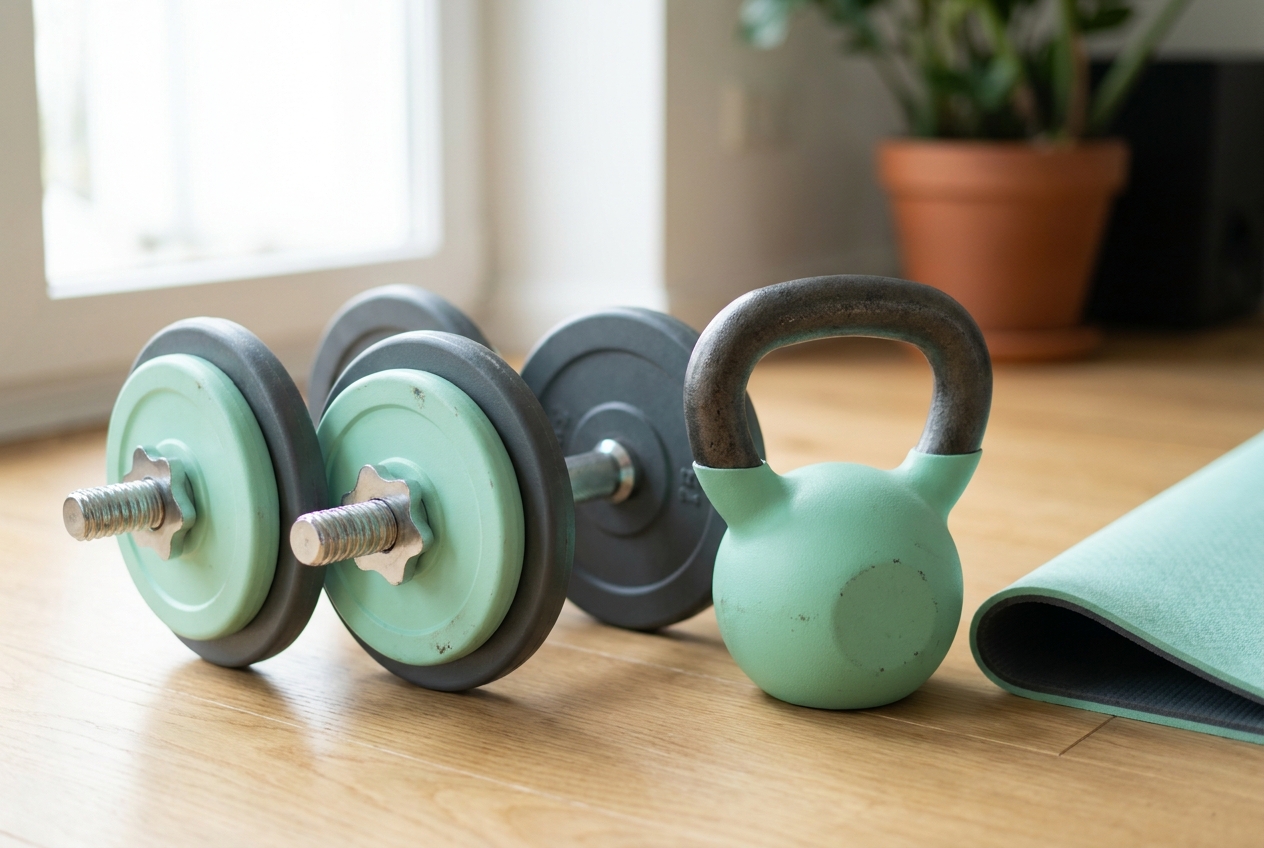 Set verstelbare dumbbells en een kettlebell op een houten vloer