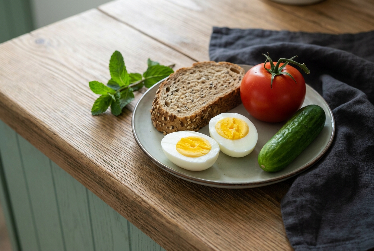 Twee eieren met volkorenbrood, tomaat en komkommer op een aanrecht