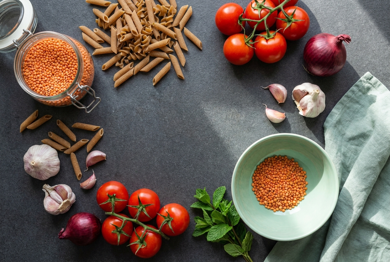 Ingredienten voor pasta met linzen, tomaten, ui en knoflook op een aanrecht